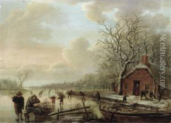 A Frozen River Landscape With Skaters And Men Collecting Firewood Oil Painting - Andries Vermeulen