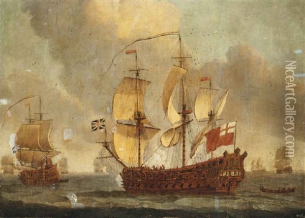 An English Fourth Rate Ship-of-the-line, Thought To Be The 46-gun H.m.s. Mordaunt, Announcing Her Departure From The Fleet Anchorage Oil Painting - Willem van de Velde the Elder