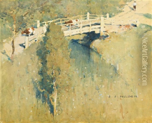 Bridge With Cattle Crossing Oil Painting - Jesse Jewhurst Hilder