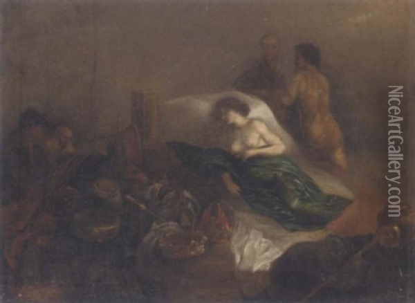 A Woman In A Bedchamber Surrounded By Riches And Other Figures Oil Painting - Leonard Bramer