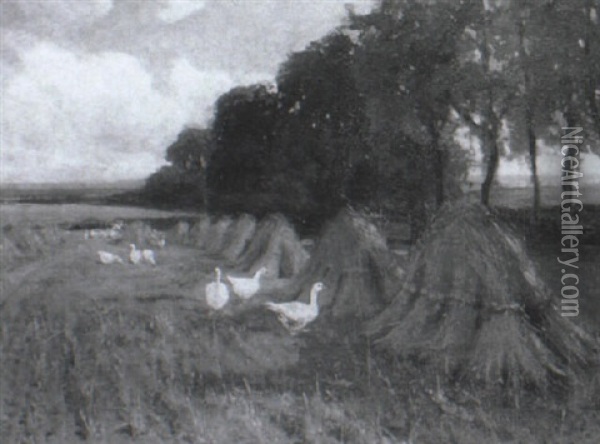 Geese In A Harvest Field Oil Painting - Arthur William Redgate