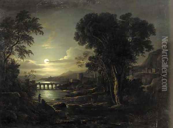 Figures in a moonlit Italianate river landscape 2 Oil Painting - Sebastian Pether