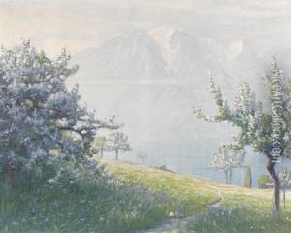 Sommerliche Partie Oberhalb Des Genfersees. Oil Painting - Albert H. Gos