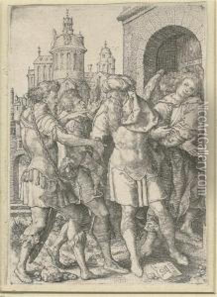 Lot Prevents The Inhabitants Of Sodom From Violence (bartsch,hollstein 15) Oil Painting - Heinrich Aldegrever