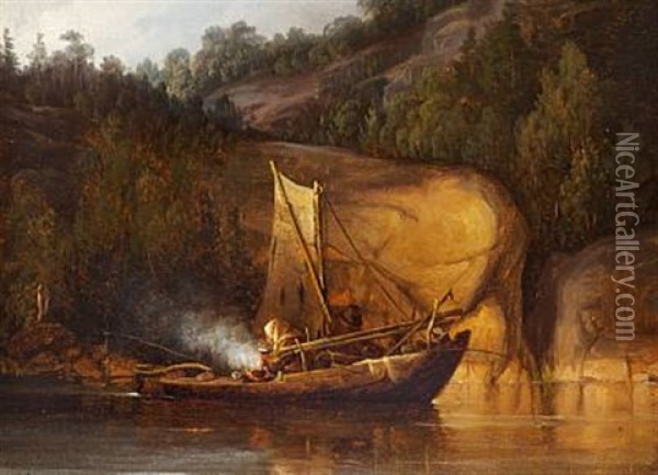 Nordic Landscape With A Sailing Boat On A River. In The Boat A Woman Is Cooking Oil Painting - Frederik Hansen Sodring