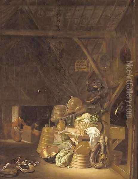 A barn interior with a basket of vegetables, a dead hare, cabbages, pots and pans and a jug on a table, with a horse tethered in a byre Oil Painting - Dirck Wyntrack
