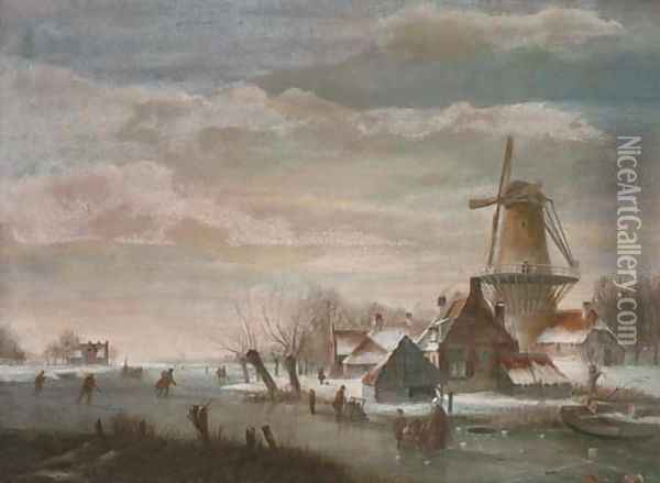 Skaters by a windmill in a Dutch winter landscape Oil Painting - Jan Jacob Coenraad Spohler