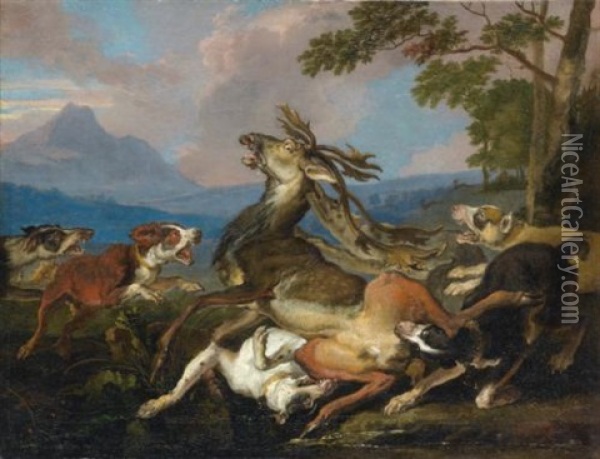 L'halali Du Cerf Oil Painting - Abraham Danielsz Hondius