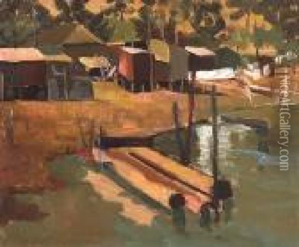 Untitled (pier); Bayside Homes (double-sided) Oil Painting - August Gay