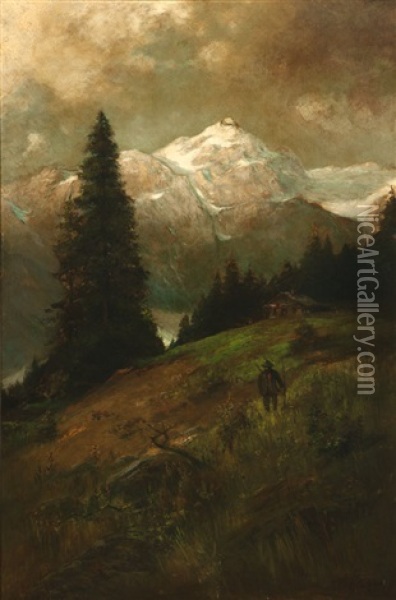 Hunter In A Bavarian Landscape Oil Painting - William Ritschel