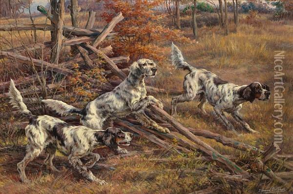 Three English Setters Clearing A Fence Oil Painting - Edmund Henry Osthaus
