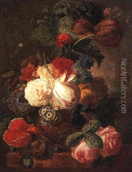 A Still Life Of A Poppy, Tulips, Roses, A Hyacinth, Convolvulus And Other Flowers In A Terracotta Vase Beside A Bird's Nest On A Marble Ledge, A Wooded Landscape Beyond Oil Painting - Georgius Jacobus Johannes van Os