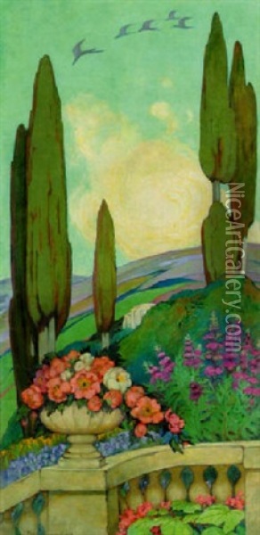 The Hills Beyond The Garden Oil Painting - Florence Lundborg