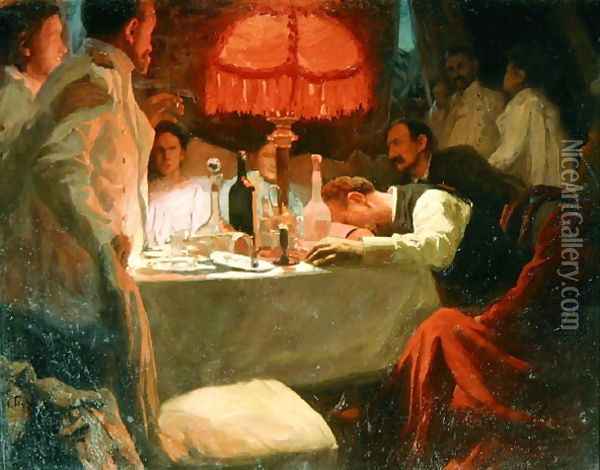 Under the Red Light, c.1910 Oil Painting - Lukjan Vasilievich Popov