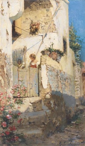 A Sunlit Terrace Oil Painting - Rubens Santoro