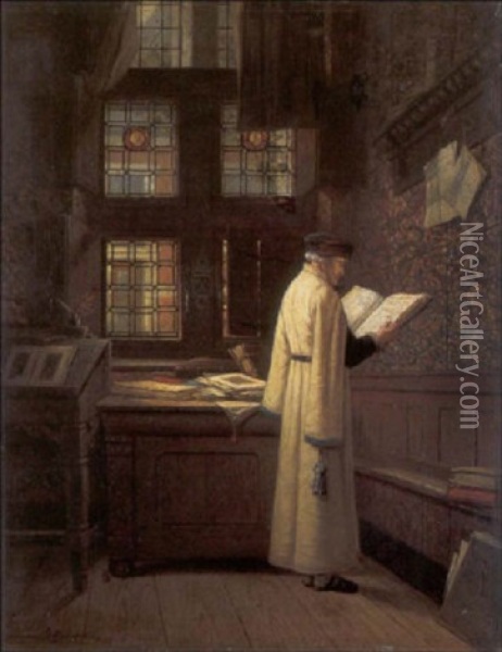 Interieur Met Lezende Man Oil Painting - Adrien Ferdinand de Braekeleer