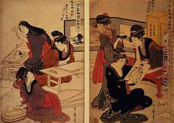 Artisans Making a Woodcut Oil Painting - Utagawa Kunisada