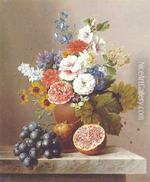 Flowers In A Vase With A Cluster Of Grapes And Pomegranates On A Stone Ledge Oil Painting - Arnoldus Bloemers