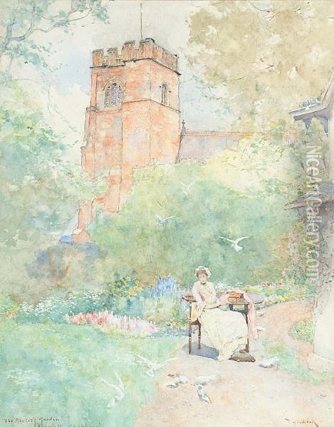 A Lady Seated In The Rector's 
Garden, Signed And Inscribed 'the Rector's Garden, Chegwall, Cheshire' Oil Painting - David Woodlock
