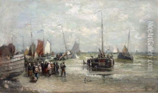 Sailing Vessels On A Beach With Figures Oil Painting - Henry Chase