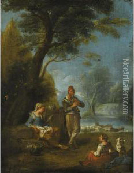 Peasants Resting And Making Music In A Landscape Oil Painting - Paolo Monaldi