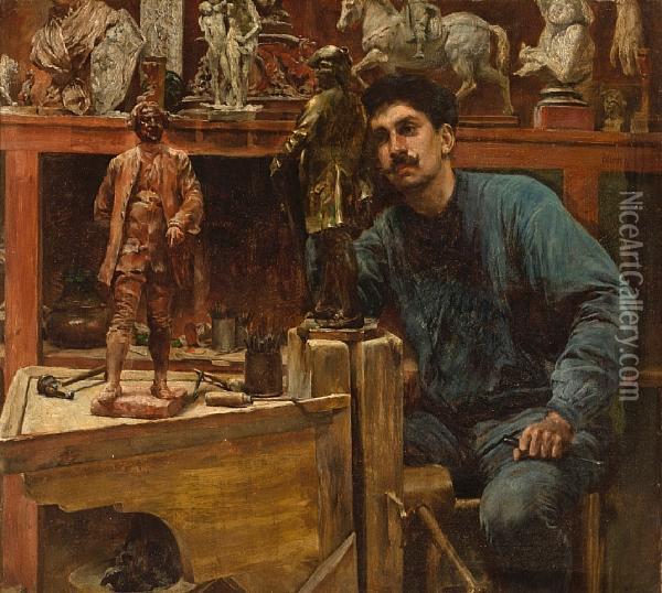 Sculptor In Studio Oil Painting - Charles Frederick Ulrich