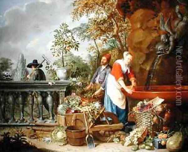 A Maid Washing Carrots at a Fountain with Two Gardeners at Work Oil Painting - Nicolaas or Nicolaes Muys
