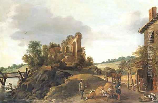 An extensive landscape with soldiers resting by a tavern, a horse and cart and other figures on a road and a ruin on a hilltop beyond Oil Painting - Esaias Van De Velde