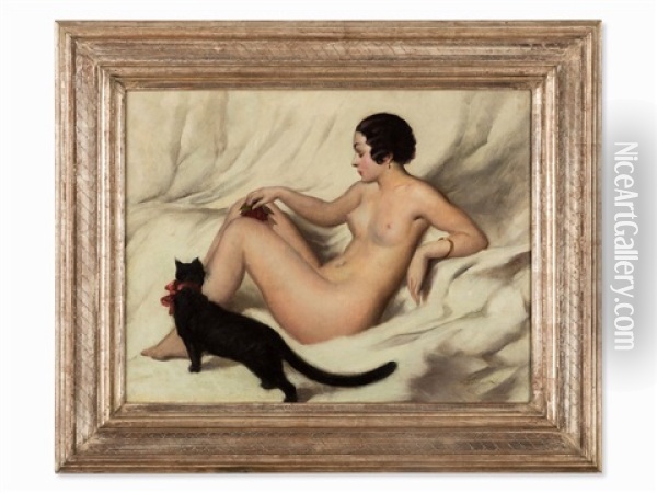 Female Nude With Cat Oil Painting - Karoly Teuchert