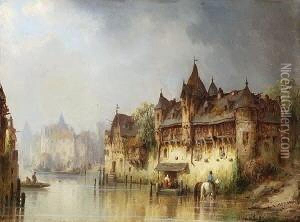 Mittelalterliche Hauser Am
 Fluss. Oil Painting - Ludwig Herrmann