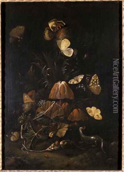 Flowers with butterflies and lizard Oil Painting - Johann Christian Thomas Winck