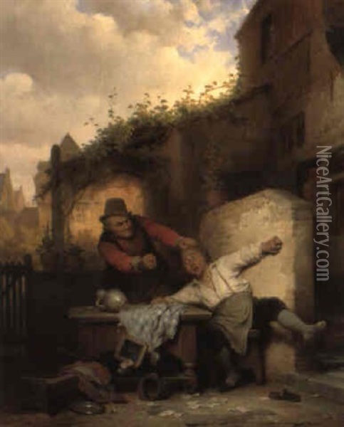 Ruzie Bij De Herberg 'in Het Hanen Gevegt' Oil Painting - Ferdinand de Braekeleer the Elder