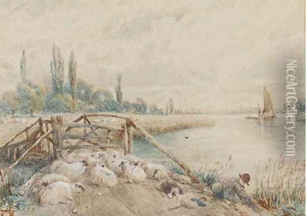 A young shepherd with his flock on a riverbank Oil Painting - Myles Birket Foster