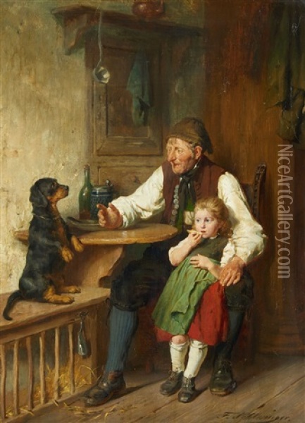 Rustic Interior With Grandfather, Granddaughter And Dog Oil Painting - Felix Schlesinger