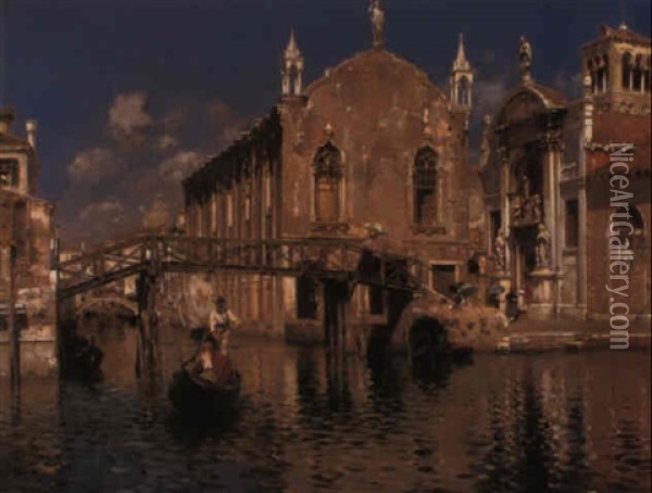 Gondola On A Venetian Canal With Elegant Figures Crossing A Bridge Oil Painting - Rubens Santoro