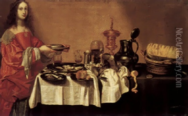 A Still Life Of Roemer, A Gilt Cup And Cover, A Pewter Flagon, Oysters, And Other Food With A Young Lady Holding A Pewter Dish Oil Painting - Willem Claesz Heda
