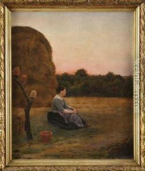 Jeune Femme Assise Au Pied D'une Meule De Foin Oil Painting - Francois Eugene Brillaud