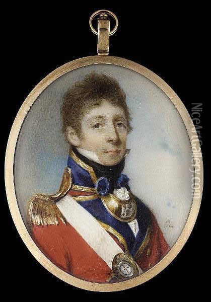 Lieutenant And Captain The Hon. 
William George Crofton (d.1814), Wearing The Uniform Of The Coldstream 
Guards, Scarlet Coat With Gold Edged Blue Facings And Collar, Gold 
Epaulette, White Crossbelt With Regimental Belt Plate, Gilt Gorget And 
Black  Oil Painting - Horace Hone
