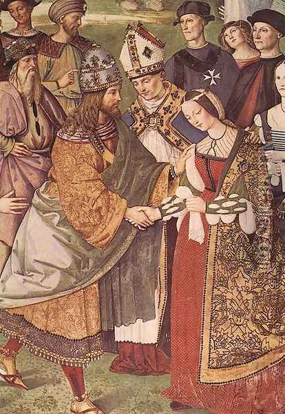 Aeneas Piccolomini Introduces Eleonora of Portugal to Frederick III (detail) 1502-08 Oil Painting - Bernardino di Betto (Pinturicchio)