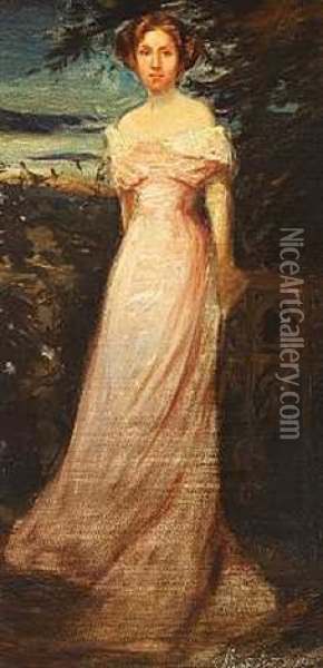 En Ung Dame I Lang Lyserod Kjole Oil Painting - Harald Slott-Moller