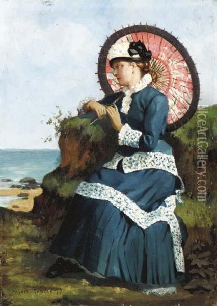 An Elegant Lady By The Shore With A Pink Parosol Oil Painting - Albert-Auguste Fourie