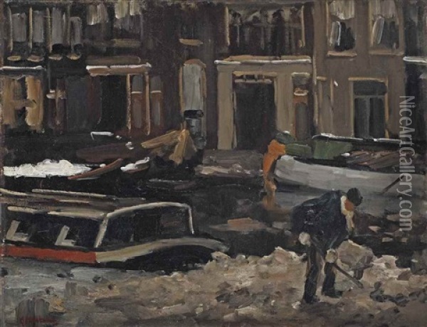 A Canal In Winter, Amsterdam Oil Painting - Floris Arntzenius