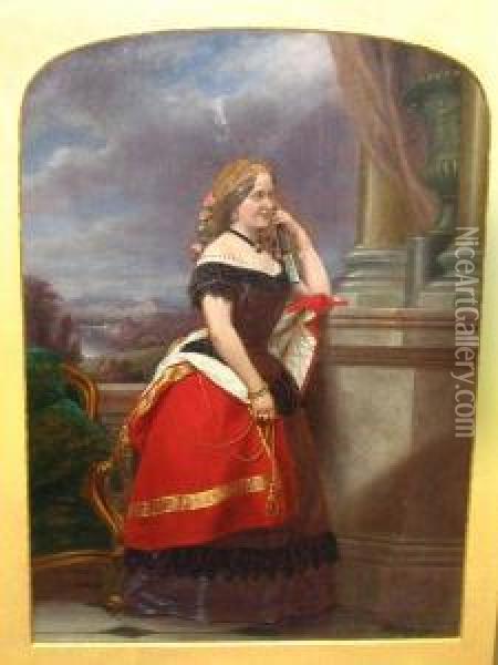 Full Length Portrait Of Lady With Redcloak. Oil Painting - Edmund Thomas Parris