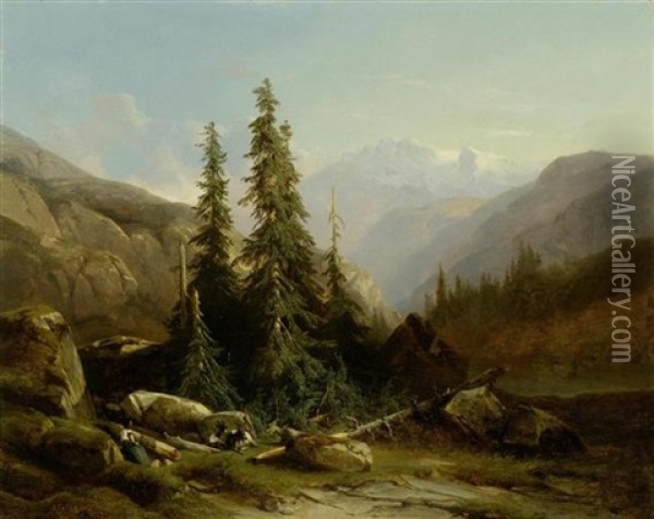 Alp Mit Wettertannen, Wohl Im Berner Oberland Oil Painting - Alexandre Calame