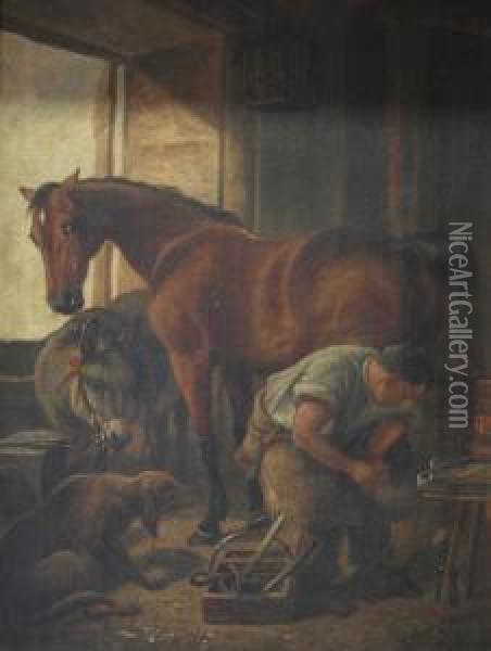 A Horse And Farrier Oil Painting - Albert Dunnington