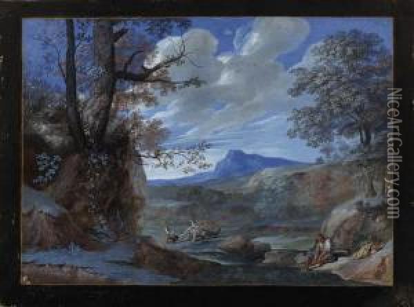 An Extensive Rocky Landscape 
With Martha Overcoming The Dragon,lazarus Washing His Feet In A Stream 
In The Foreground Oil Painting - Joseph Werner