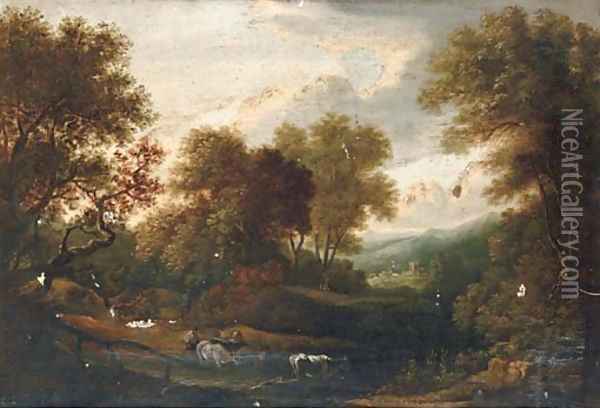 A herder watering his cattle, a hamlet beyond Oil Painting - Thomas Gainsborough