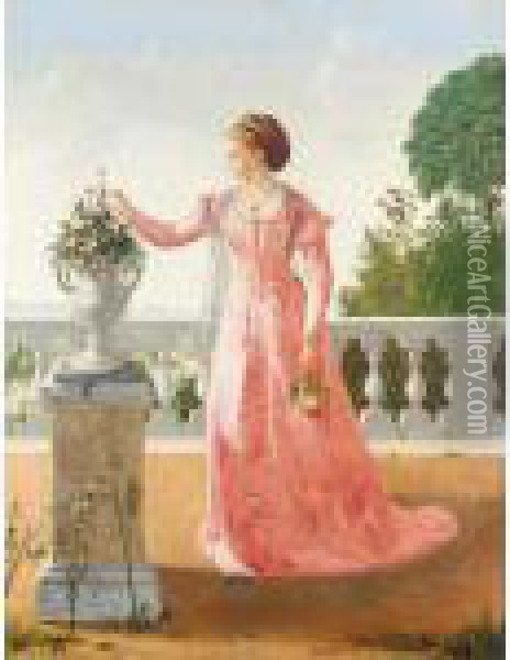 Portrait Of A Lady In A Pink Satin Dress, Standing On A Veranda Oil Painting - Henry Thomas Schafer