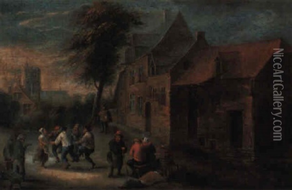 A Village Scene With Peasants Dancing In The Foreground Oil Painting - Adriaen Jansz van Ostade
