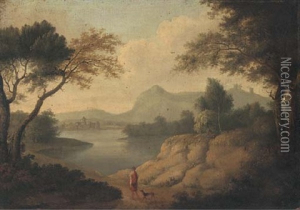 A Wooded River Landscape With A Classical Figure And A Dog On A Track Oil Painting - Johannes (Jan) Glauber
